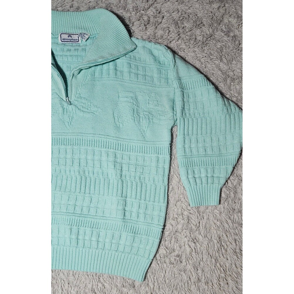 VTG Womens Medium Teal Aqua Cable Knit Sweater 1/4 Zip Cottage Grandmacore - Picture 2 of 6